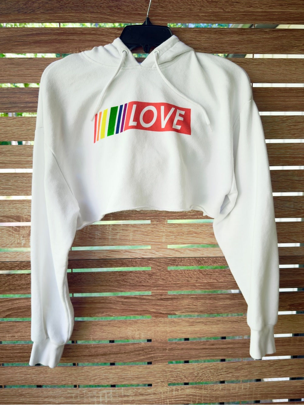 Divided Brand Bright White Love Graphic Cropped Hoodie